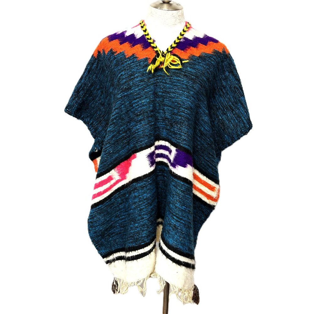 Vintage 90's Mexican Blue Woven Aztec Poncho